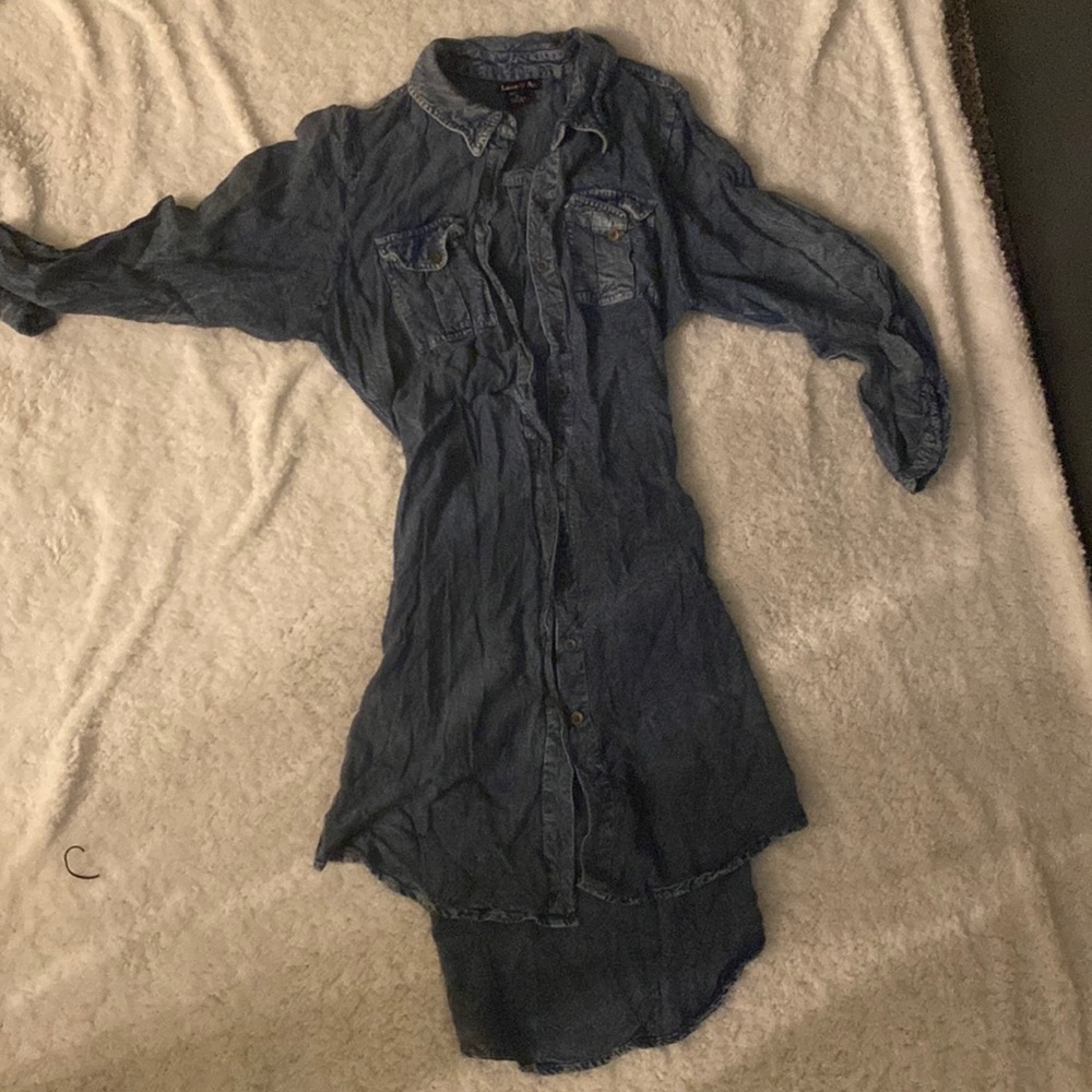 Long dark wash chambray button down dress